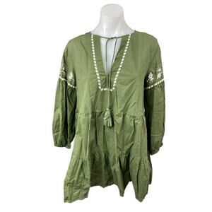 ZARA Green Embroidered Tiered 3/4 Sleeve V Neck Tassels Mini A-Line Dress Size S